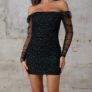 Double Crazy Off Shoulder Rhinestone Detail Mesh Bodycon Dress Size Small